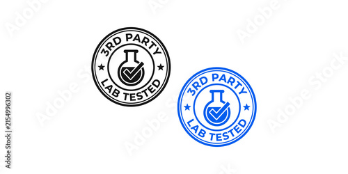 Set of black and blue third party lab tested rubber stamp icons featuring chemical flask symbols with checkmarks on transparent background.