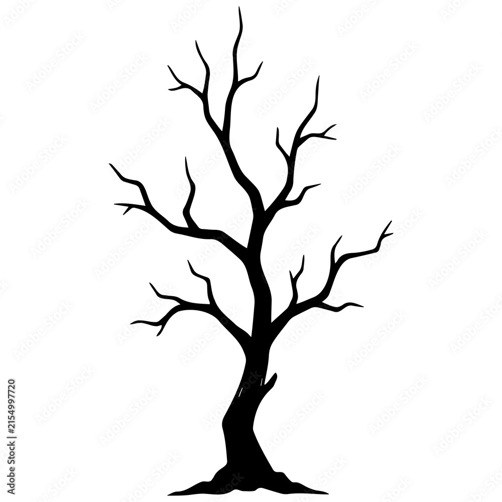 Fototapeta premium Leafless tree silhouette with gnarled branches and trunk for spooky halloween decorations.