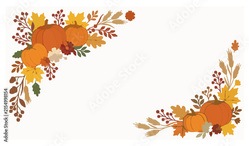 Cozy Autumn Thanksgiving Invitation with Pumpkins Leaves and Berries Flat Vector Design