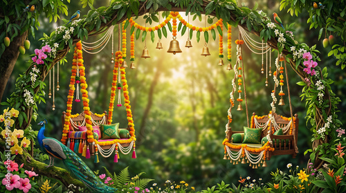 Teej Festival Celebration Background With Lush Floral Swing