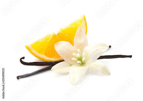 vanilla pods with vanilla flower with oranges fruits