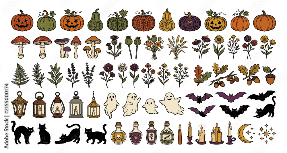 Obraz premium Witchy halloween botanical and magical clipart elements set with halloween witchcraft botanical mushroom illustration collection mystical celebration esoteric decorative whimsical