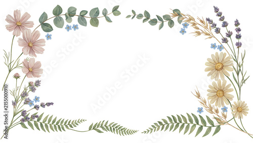 Watercolor floral frame with cosmos, daisies, lavender and leaves isolated on a transparent background