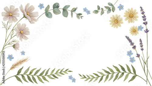 Watercolor floral frame with cosmos, daisies, lavender and leaves isolated on a transparent background
