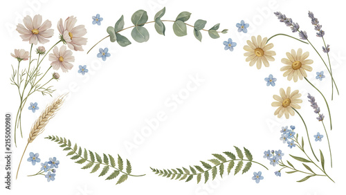 Watercolor floral frame with cosmos, daisies, lavender and leaves isolated on a transparent background