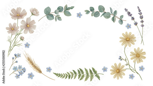 Watercolor floral frame with cosmos, daisies, lavender, and eucalyptus isolated on a transparent background