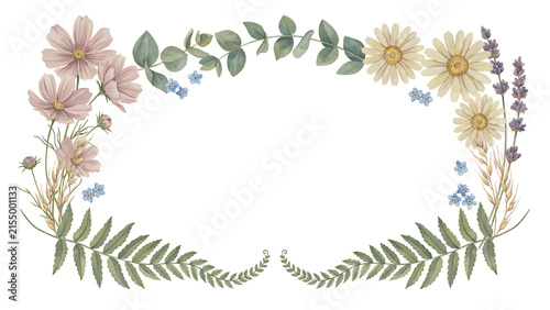 Watercolor floral frame with cosmos, daisies, lavender, and ferns isolated on a transparent background