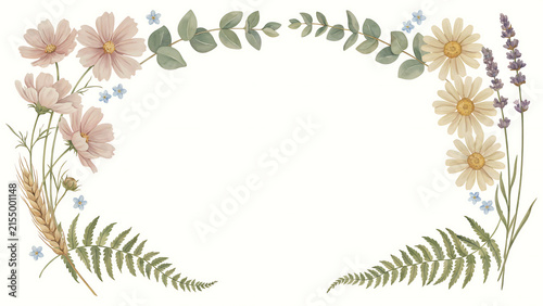Watercolor floral frame with cosmos, daisies, lavender, and ferns isolated on a transparent background