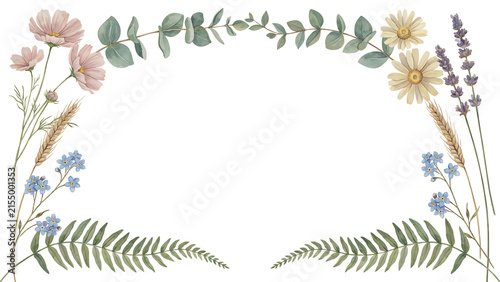 Watercolor floral frame with cosmos, lavender, and eucalyptus leaves isolated on a transparent background