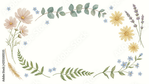 Watercolor floral frame with delicate cosmos and lavender flowers isolated on a transparent background