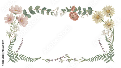 Watercolor floral frame with delicate pink flowers and daisies isolated on a transparent background