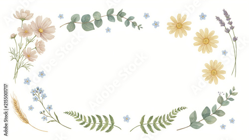 Watercolor floral frame with delicate wildflowers and green leaves isolated on a transparent background