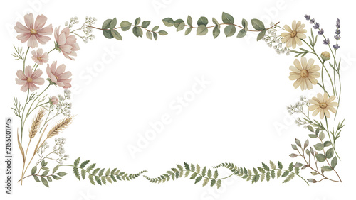 Watercolor floral frame with delicate wildflowers and green leaves isolated on a transparent background