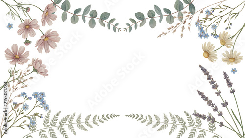 Watercolor floral frame with delicate wildflowers and green leaves isolated on a transparent background