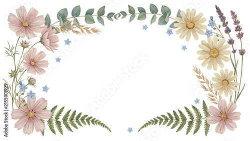 Watercolor floral frame with pink cosmos and white daisies isolated on a transparent background