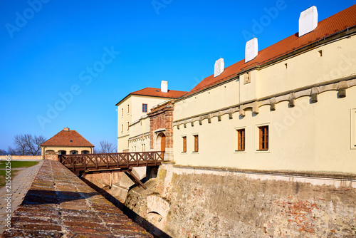 Cuadro en lienzo Historic european castle with stone walls and wooden bridge
