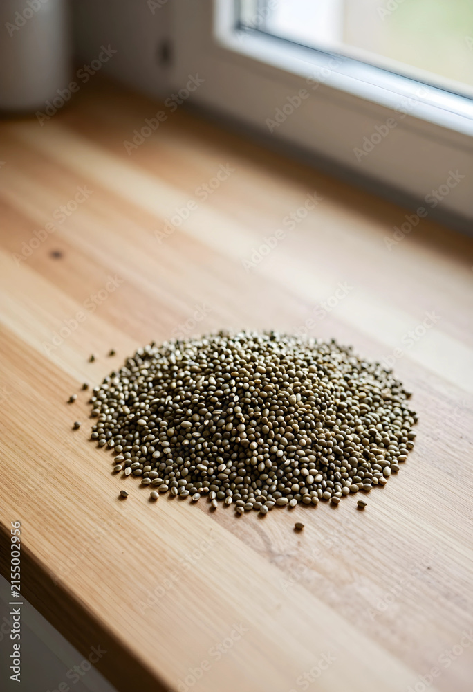 Fototapeta premium Pile of organic hemp seeds on a light wooden surface, healthy eating and natural food ingredient