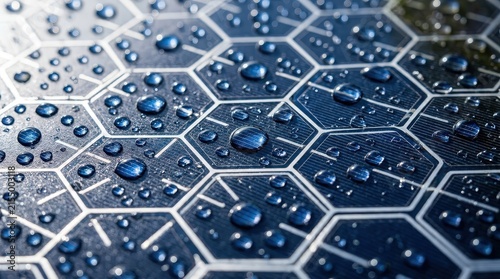 A close-up view of hexagonal solar cells covered in sparkling morning dew drops under sunlight.