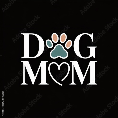 Dog Mom T-Shirt Design with Paw Print and Heart on Black