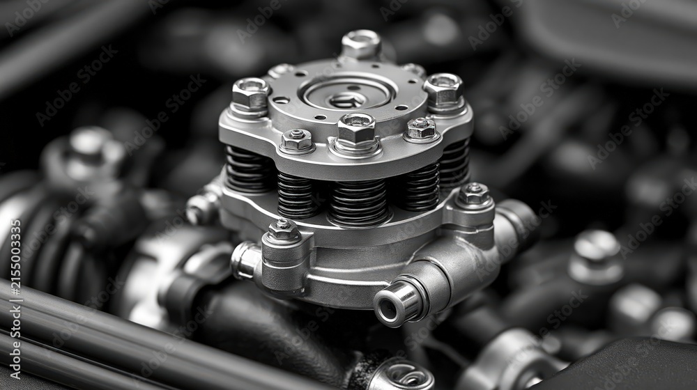 Fototapeta premium Car engine parts mechanical metal assembly macro view industrial style