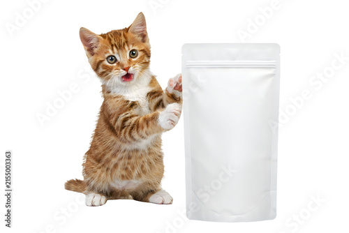 Adorable tabby kitten reaching for a blank white pouch package isolated on transparent background