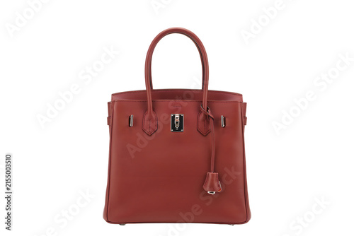 Elegant red leather handbag with top handles and lock detail isolated on transparent background
