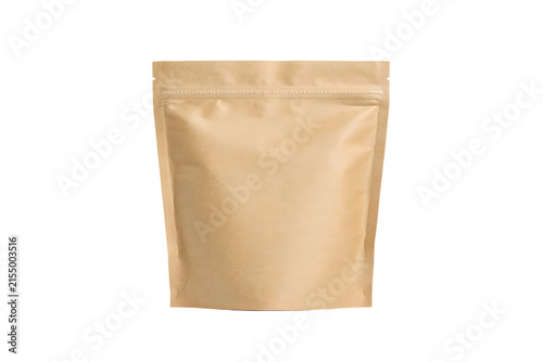 Blank kraft paper pouch with silver zipper closure isolated on transparent background
