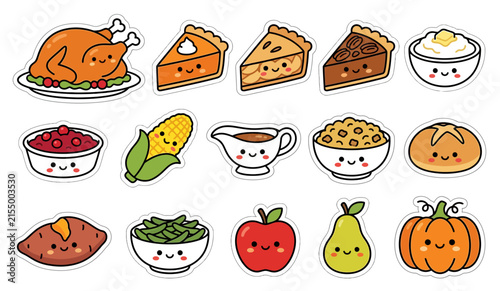 A delightful collection of cute Thanksgiving holiday food stickers featuring a roasted turkey, various pies, corn, mashed potatoes, pumpkin, and fresh fruits with happy faces.