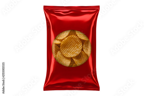 Realistic red snack bag filled with potato chips isolated on transparent background