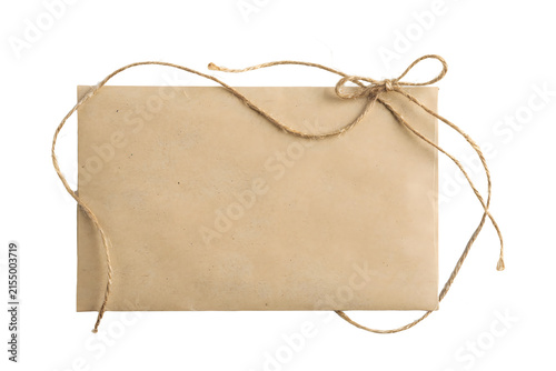 Blank kraft paper envelope tied with twine string isolated on transparent background