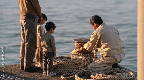 Rope rigger winding thick marine-grade hemp rope into precise coils beside a sun-warmed harbor bollard at golden hour, a family of three pausing nearby to watch with curiosity as