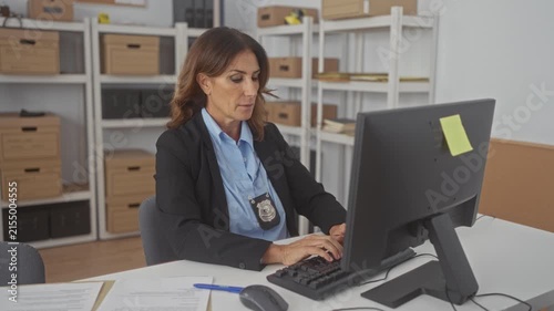 Woman with police badge typing on keyboard at computer desk, arms crossed in some frames, in an office building; focused professionalism.
