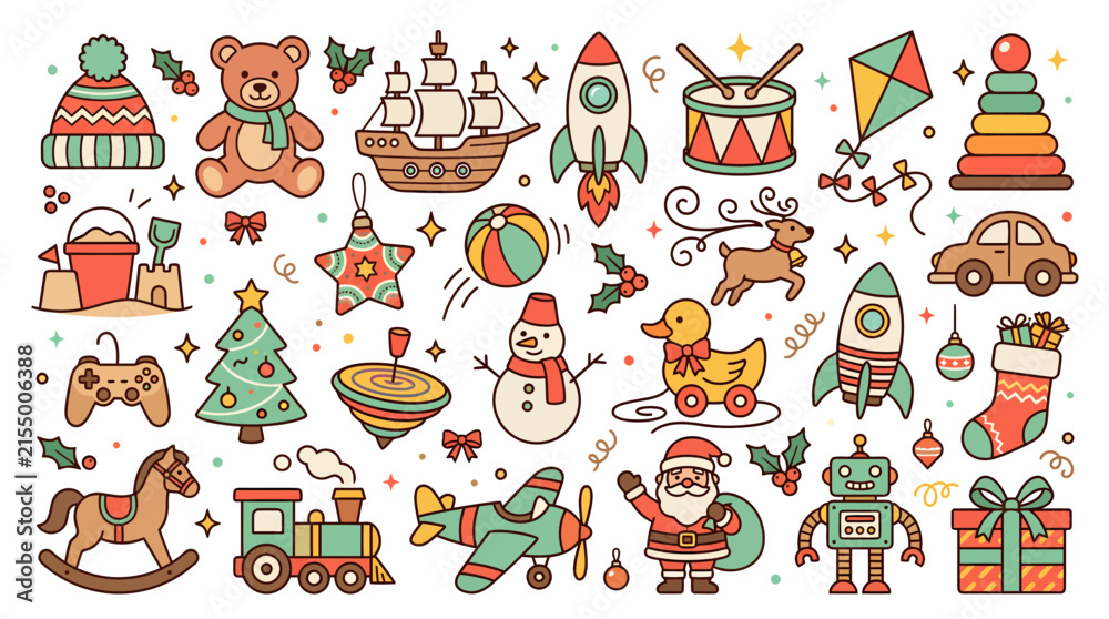 Obraz premium Set of colorful hand drawn Christmas toys and festive holiday elements.