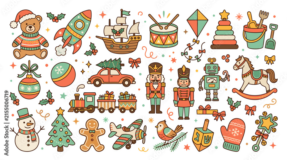 Naklejka premium Set of Cute Hand Drawn Christmas Toys and Holiday Decorations.