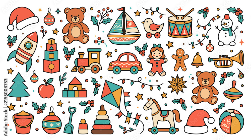 Fototapeta premium Set of cute hand drawn doodle Christmas toys and holiday elements.