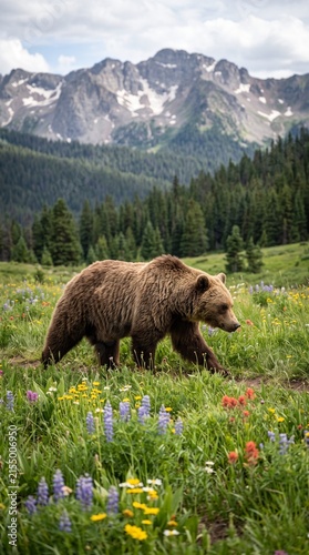 A majestic grizzly bear ambles through a vibrant wildflower meadow, its powerful form contrasted against a backdrop of snow-capped mountains and lush pine forests.