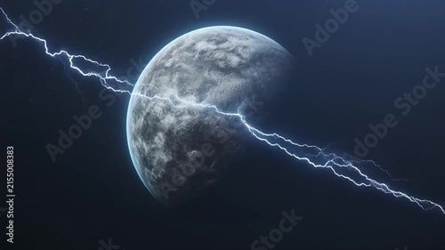 A textured planet in space with bright blue lightning bolts striking across its surface Keywords: planet, space, lightning, thunderbolt, electricity, energy, power, cosmic, celestial