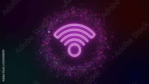 Glowing Neon Purple Wi- Fi Symbol Surrounded by Sparkling Particles on a Dark Gradient Background Wi-Fi