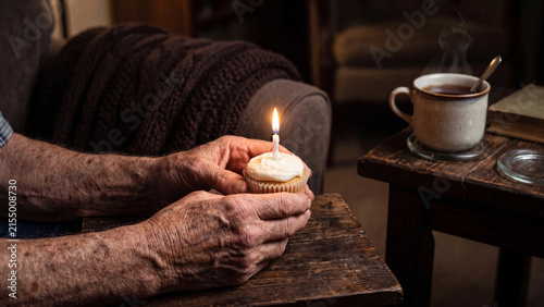 Elderly hands holding a small cumpleanos feliz cupcake with one candle