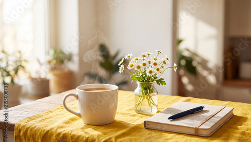 Cumpleanos feliz coffee and daisies on a yellow table in a sunny kitchen
