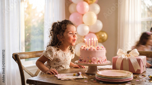 Little girl blowing out candles on a pink cumpleanos feliz birthday cake