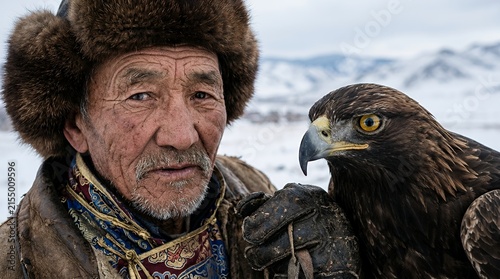 Mongolian eagle hunter portrait in snowy winter mountain landscape.