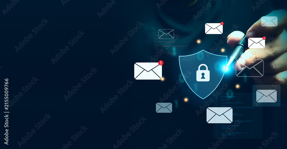 Fototapeta premium Email security concept with encrypted digital communication, secure messaging, cyber protection, phishing prevention, data privacy, online network safety, business cybersecurity on a laptop interface