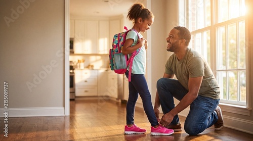 Loving father helps his daughter tie her shoelaces before school in a warm, sunlit home, capturing a moment of care, family bonding, and childhood joy.