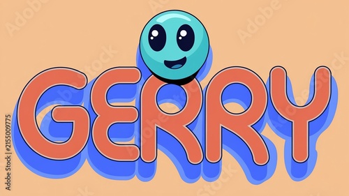 Gerry's name in bold, bubble-style font with a cute, blue, alien-like character sitting atop the letter G on a soft peach background.