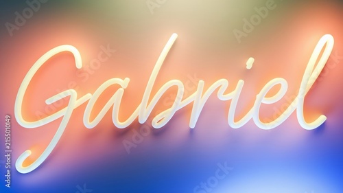 Gabriel written in a cursive neon font style with a gradient background of orange, pink and blue