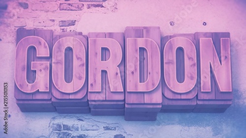 Wooden letter blocks spell out the name GORDON with a vintage, distressed aesthetic against a weathered brick wall background, creating a retro graphic design element.