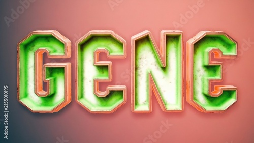 The word GENE is displayed in 3D, stylized letters with a glowing green and orange gradient effect, against a soft, blurred gradient background.