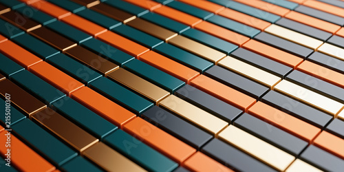 Tiles are arranged tightly at a sharp angle, reflecting light across vibrant shades, creating a metallic rainbow effect on the diagonal surface plane.
