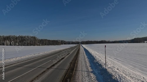 landscapes and road, Winter frosty snowy day 